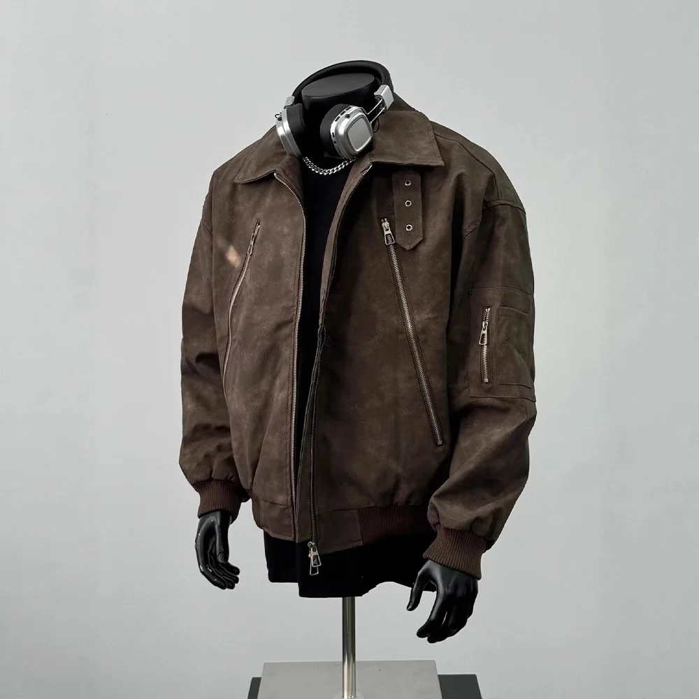 

Fall and winter Maillard brown leather jacket men's trendy brand lapel short zipper motorcycle suit American retro pilot jacket