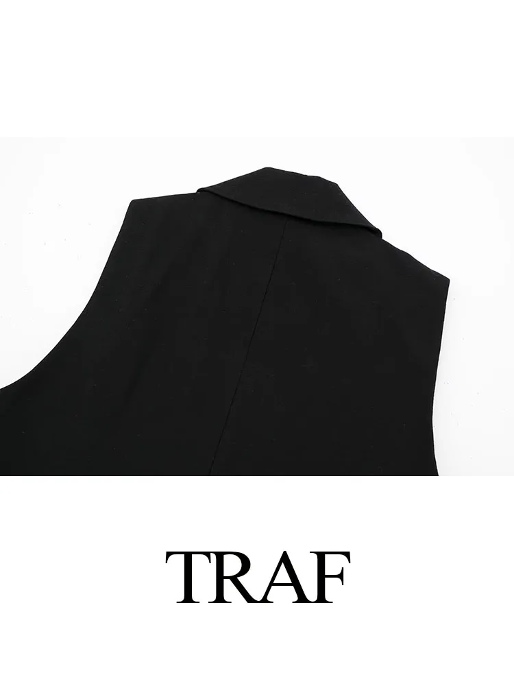 TRAF 2023 Women New Fashion Vinatge Chic Waistcoat Solid Color V-Neck Sleeveless Frenulum Female Casual Black And White Tops