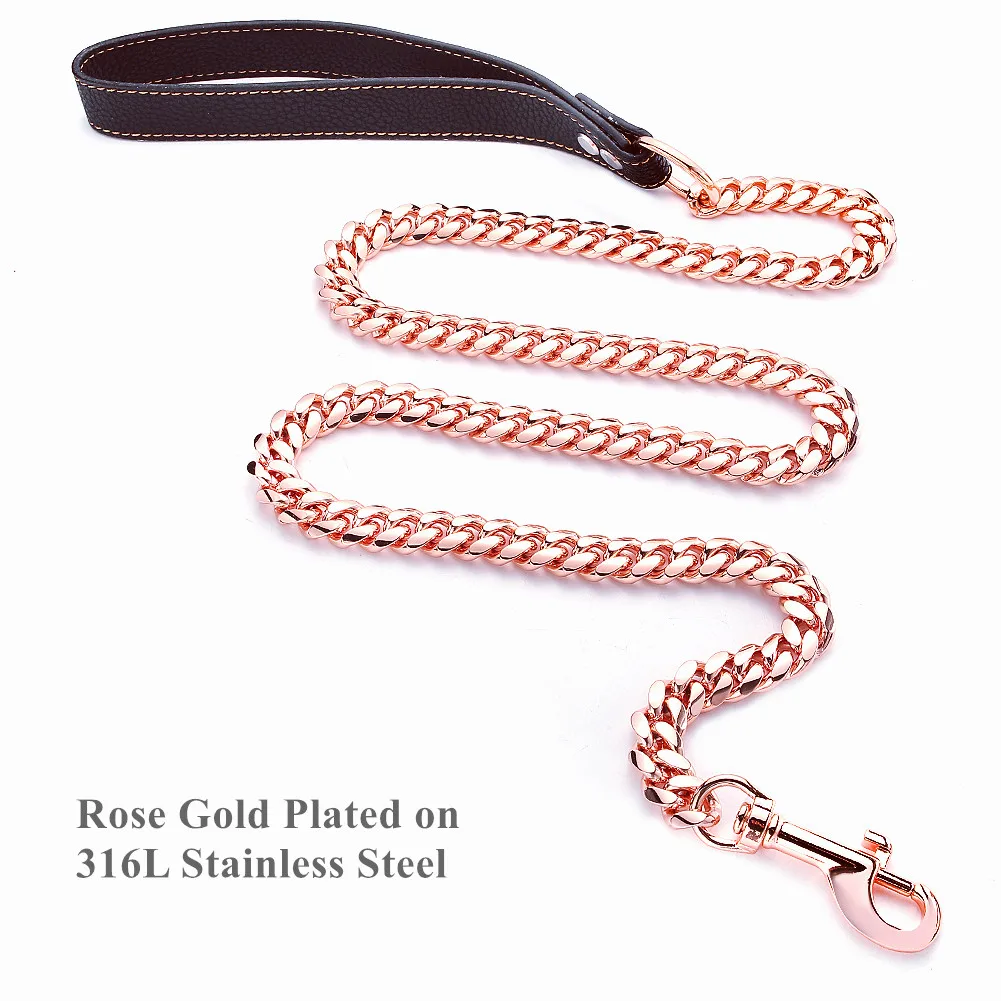 3ft/4ft/5ft 10mm 14mm Rose Gold Tone 316L Stainless Steel Curb Cuban Link Chain Dog Leash Pet Chain for Dogs