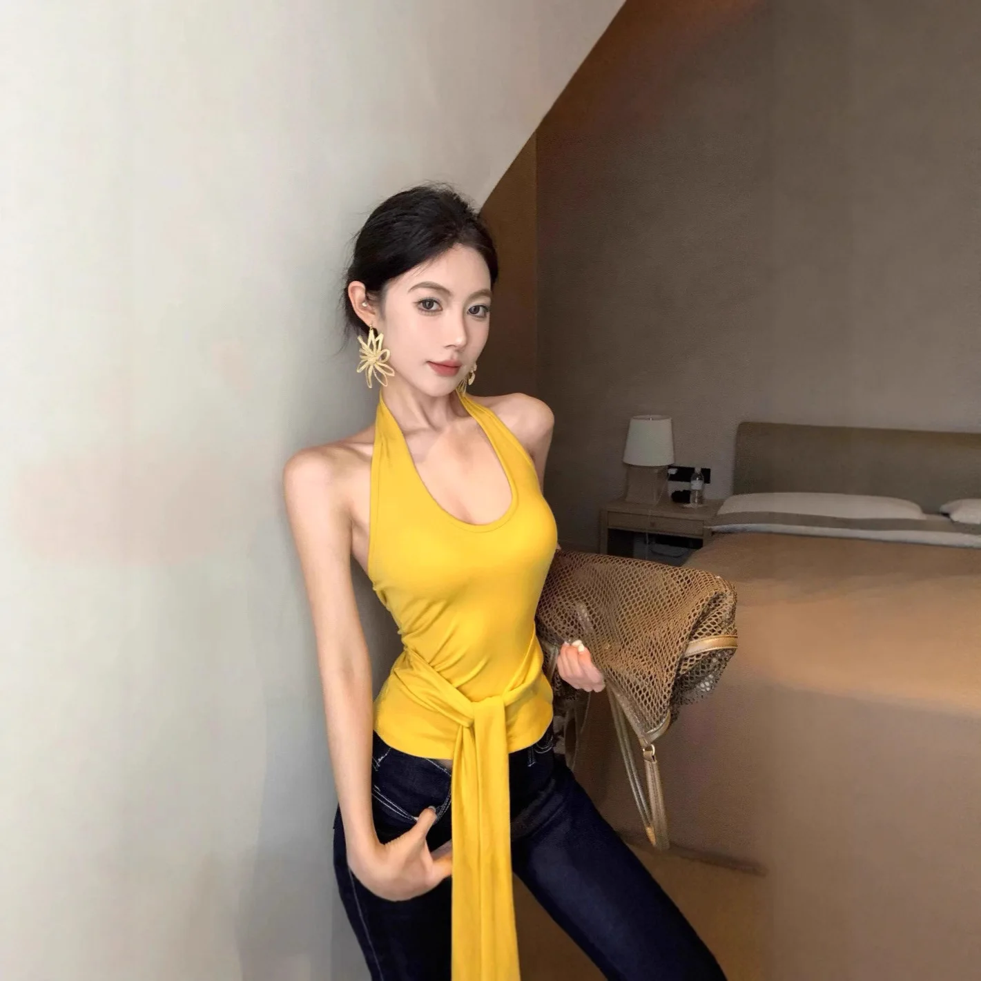 Women Tank Lady Stripe Strappy Sexy Back-revealing Halter Tank Camis Top Girls Student Summer Slim-fit Flattering Sleeveless Top