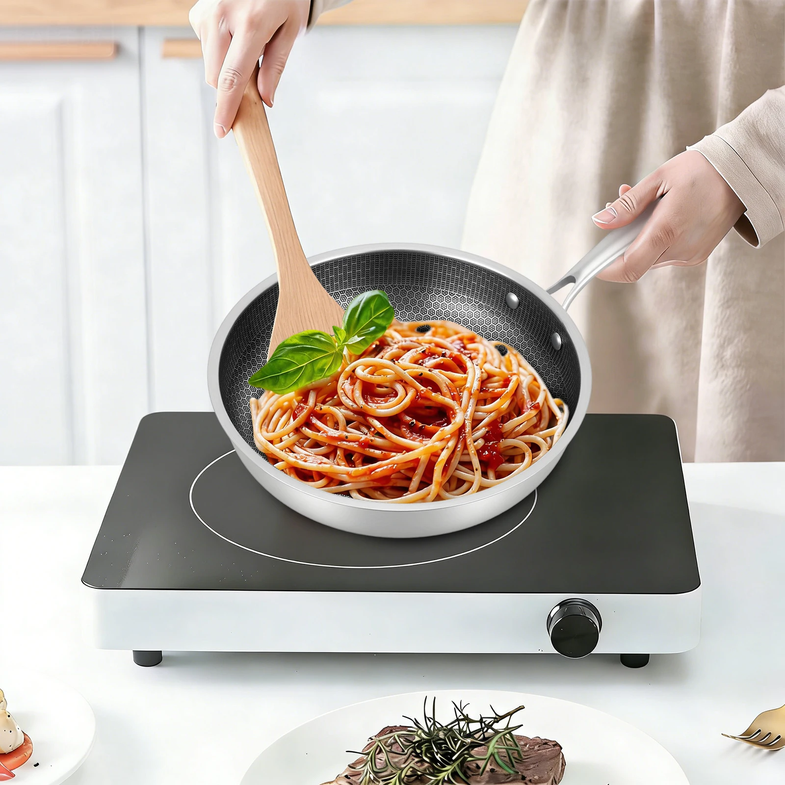 28cm Edelstahl-Bratpfanne Antihaftbeschichteter Topf mit Wabenmuster und Hitzebeständigem Griff für Gebratenes Steak