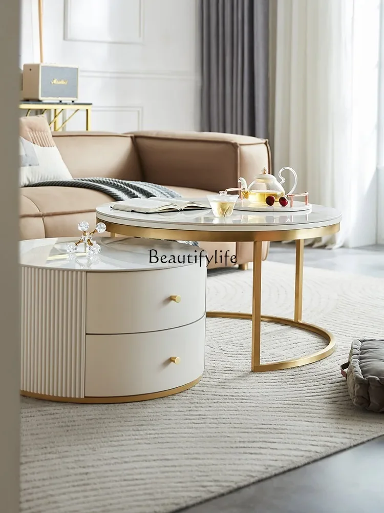 Modern light luxury rock slab coffee table round living room household tea table