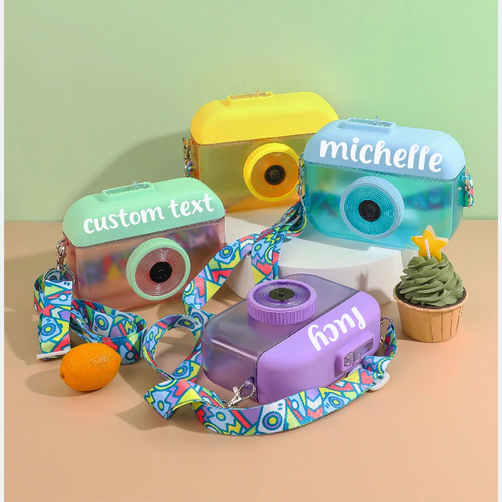 

Personalized cartoon camera water bottle with customized text suitable for boys and girls for use in school camping or sports