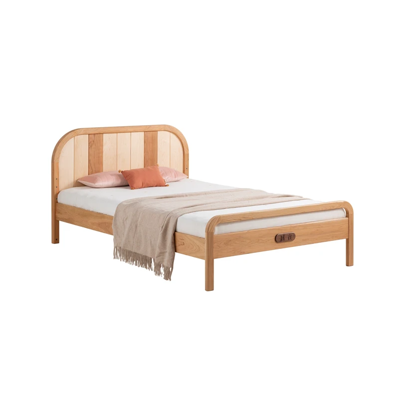 

Light-colored mocha bed, small apartment, optional guardrail trailer, solid wood Maillard style