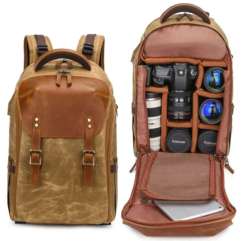 Latest 2024 model Vintage Camera Bags Large Capacity Waxed Canvas Leather DSLR  and Drone Backpack with USB Charging Port