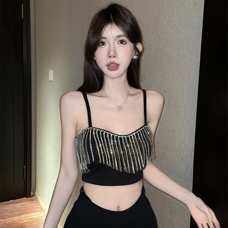 Glittering Tassel Drill Sexy Vest Top Pure Desire Heavy Work Network Red Broadcast Lady Style Short Sleeve Women's Crop Top