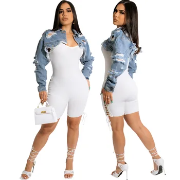 Langarm zerrissene Ernte Jeans jacke Frauen sexy Loch aushöhlen Jeans Mantel Frühling Herbst umdrehen Kragen kurze Oberteile