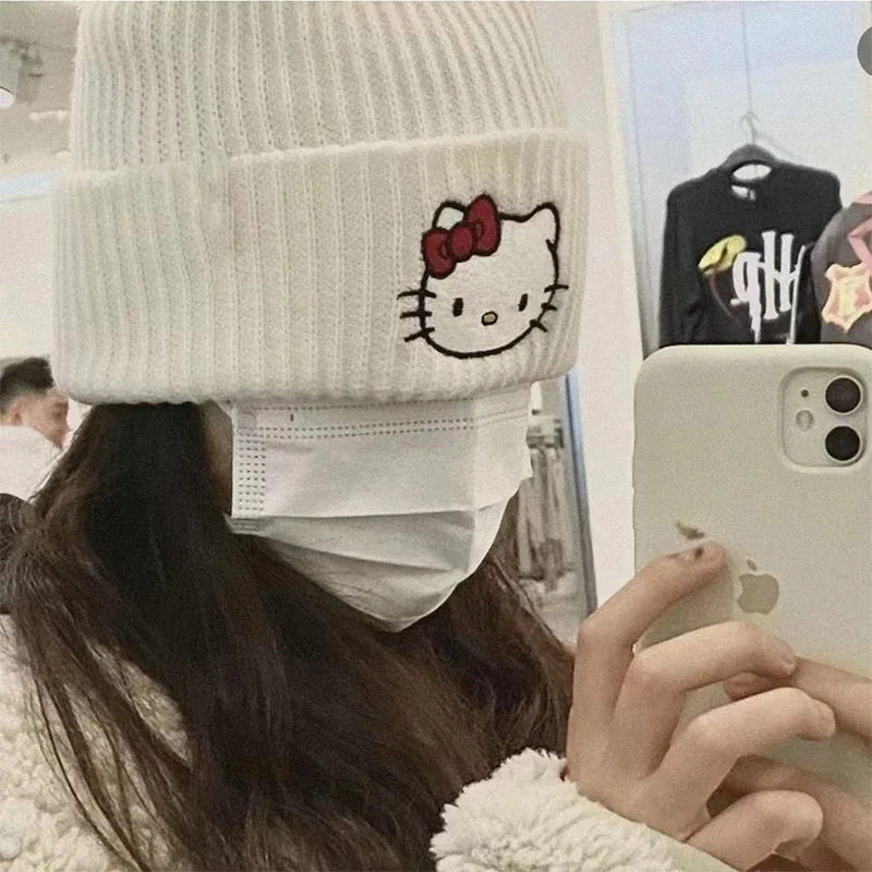 Saniro My Melody Cinnamorol Kuromi Hello Kitty Embroidery Knitted Cap Cartoon Kt Cat Wool Cap Couple Set Head Hat Girls Gifts