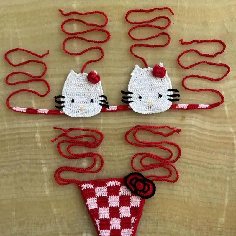 

Комплект бикини Hello Kitty: женский купальник ручной вязки, сексуальный микро-бикини, модный купальник с завязками, стринги, женский купальный костюм