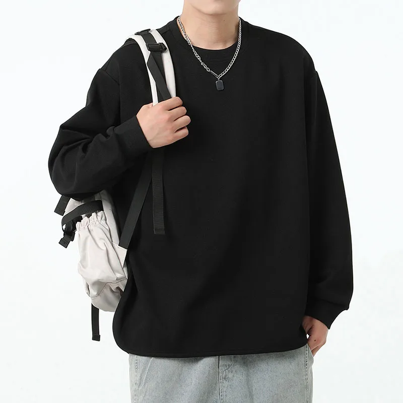 2024 Spring New College Style Loose Sweatshirt with O-Neck for Men, Korean Fashion Solid Color Casual Long Sleeve Tops