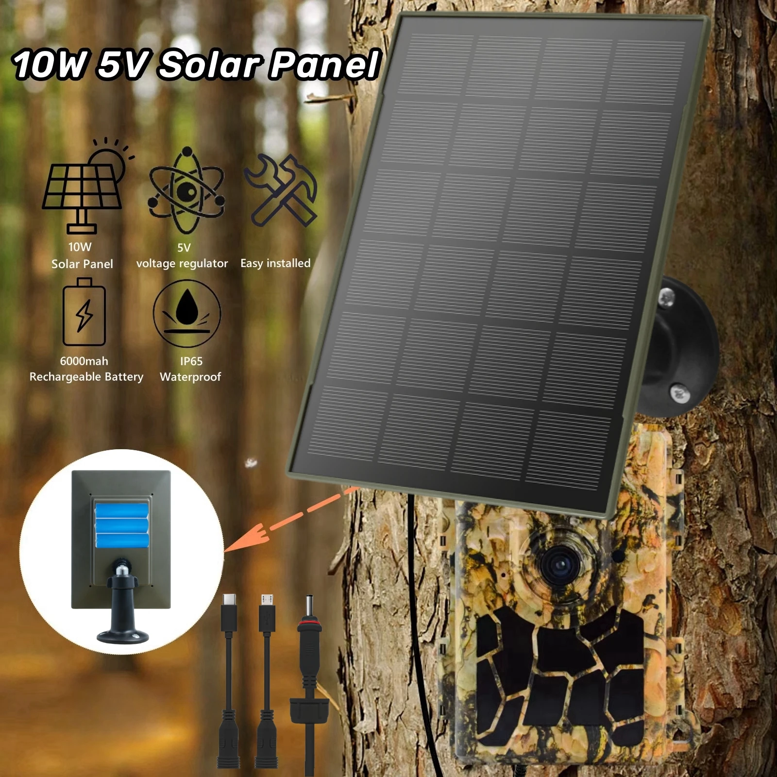 10W 5V Outdoor Solar Panel wIth 6000mah Battery Waterproof 3in1Multiport 10FT(3M) Solar Charging for Security Camera Fan Phone