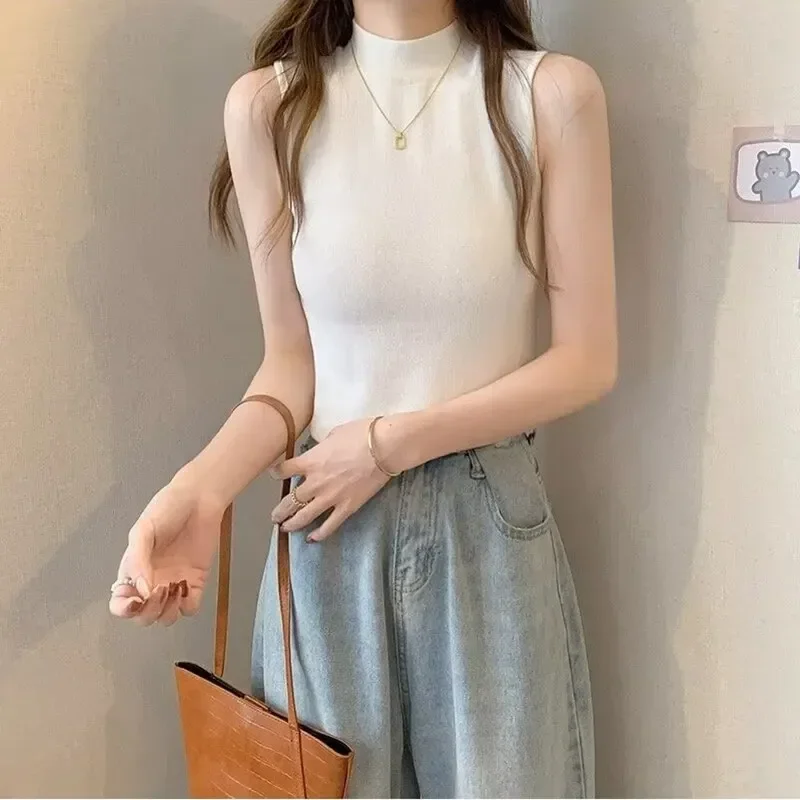 New Women\'s Solid Color Top Temperament High-Grade Sense With Knitted Sweater Bottom Shirt Halter Vest Short Sleeveless