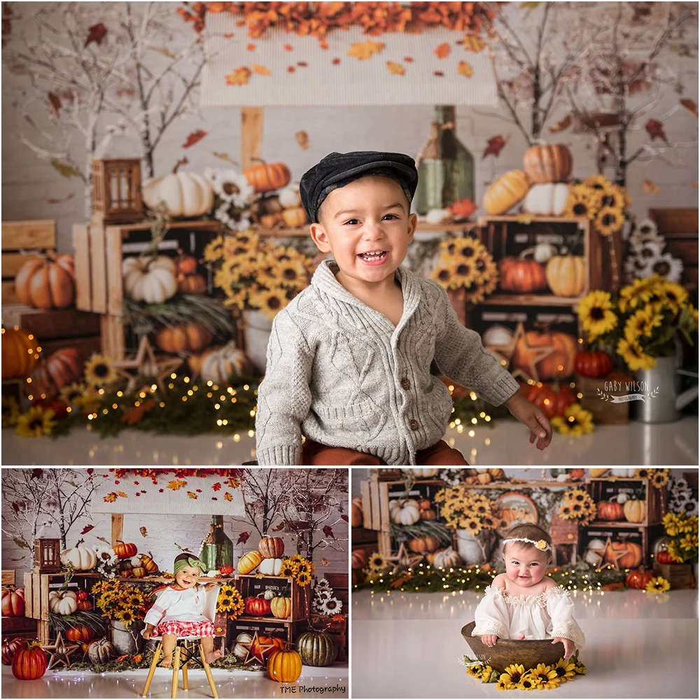 

Fall Harvest Pumpkin Sunflowers Photo Background Autumn Thanksgiving Photo Studio Props Kids Cake Smash Photography Backdrop