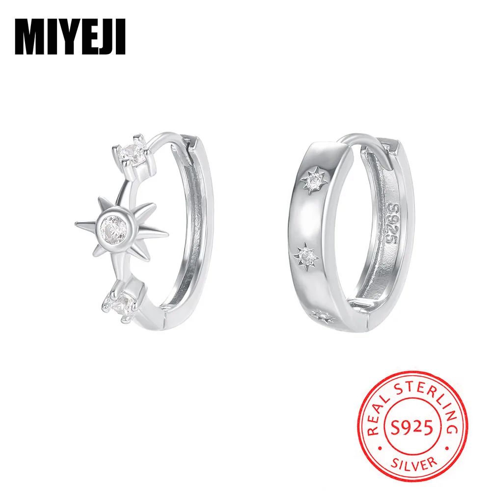 MIYEJI Pure S925 Sterling Silver Zircon Star Asymmetry Hoop Earrings For Women Party Daily Wear Classic Fine Jewelry Accessible