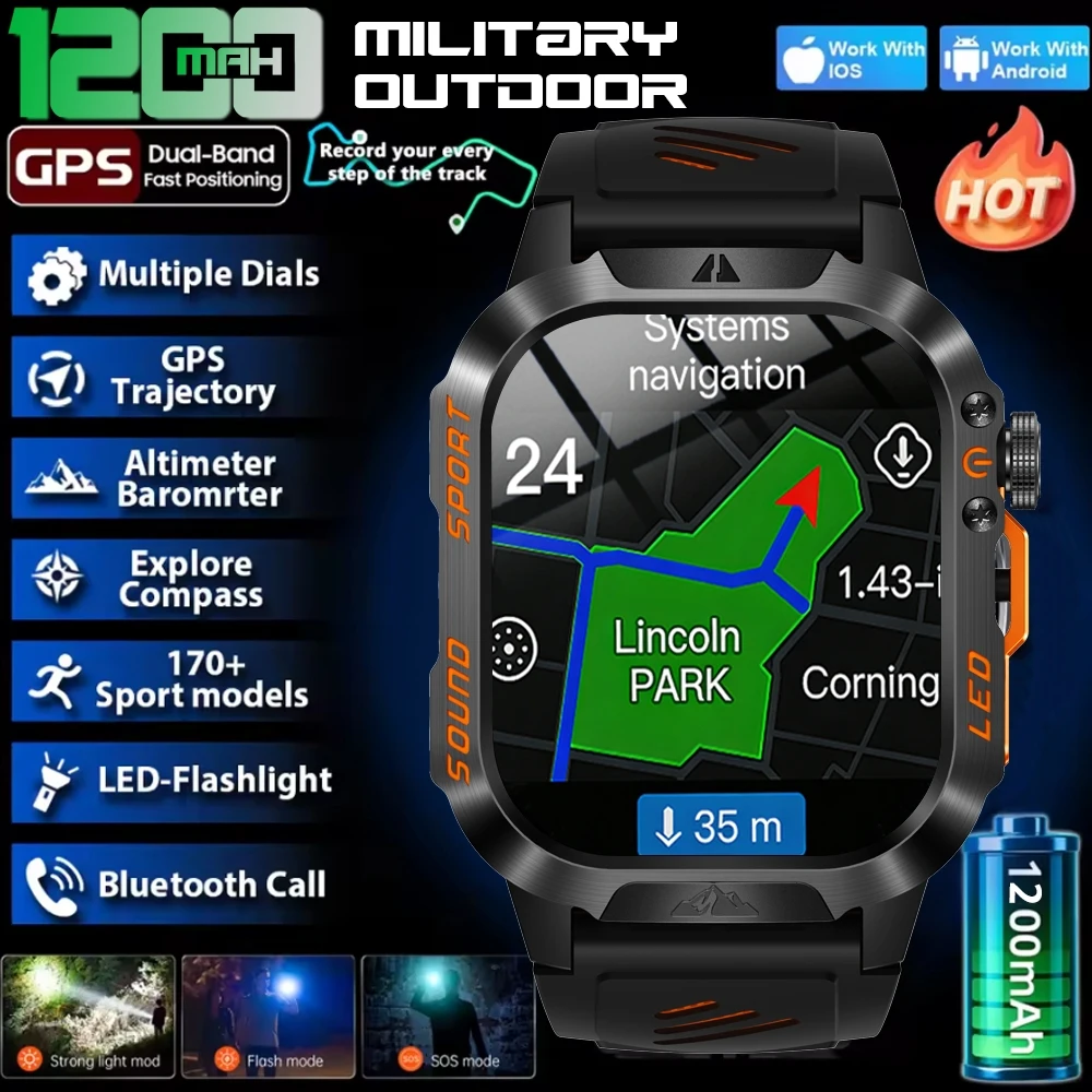 

Новые смарт-часы GPS 2026 года для мужчин, с аккумулятором 1200 мАч, LED-фонариком, военным дизайном, для активного отдыха, фитнес-трекер, водонепроницаемость 10ATM