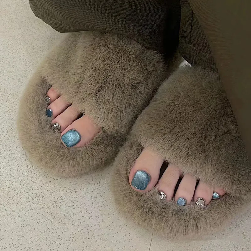 24 pçs azul olho de gato imprensa no prego do pé ins verão quadrado falso prego wearable cobertura completa brilhante unhas do dedo do pé falso para mulher senhora