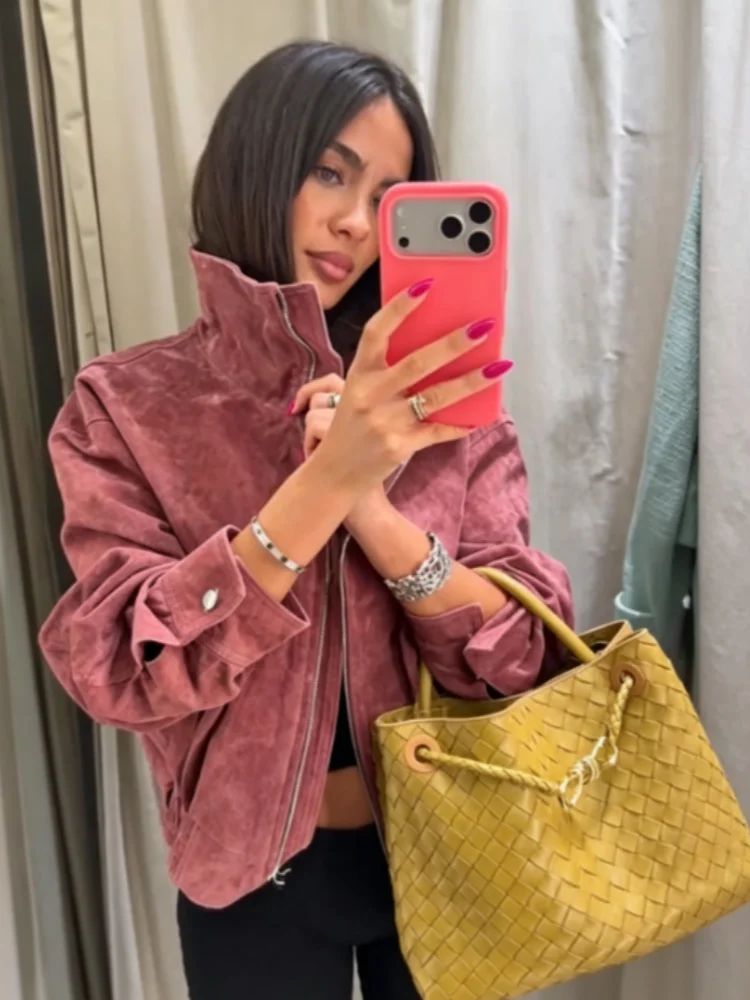 Women Retro Cropped Zip Jacket Ladies Stand Collar Long Sleeve Fitted Waist Pocket Design Short Coat Casual Daily Outerwear New