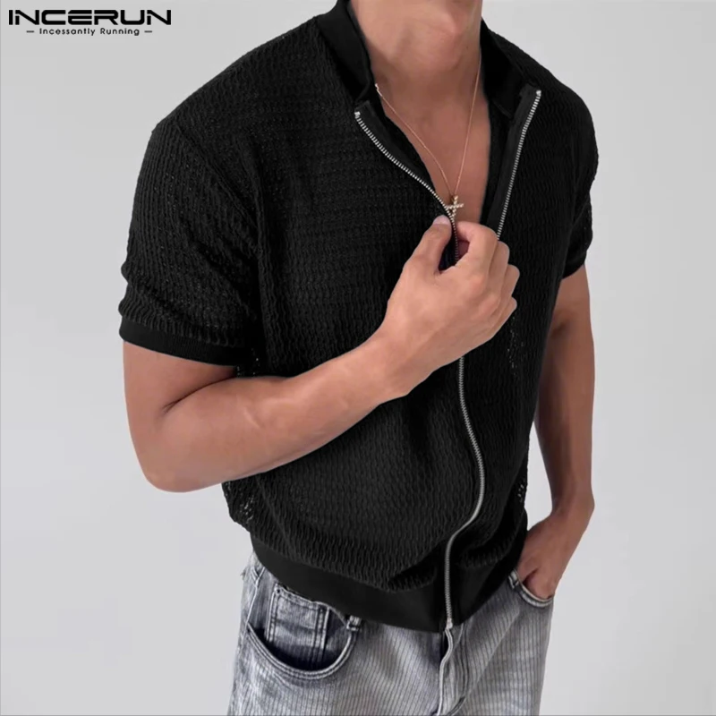 

INCERUN Men Shirt Mesh See Through Short Sleeve Solid Zipper Men Clothing Loose Streetwear Summer 2025 Fashion Casual Cardigan