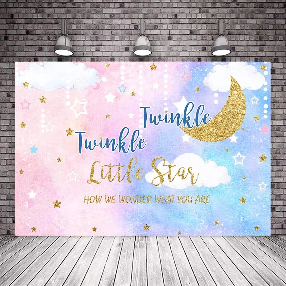 

Gender Reveal Photography Backdrop Pink Blue Twinkle Twinkle Little Star Baby Shower Photo Background Glitter Star Moon Baby