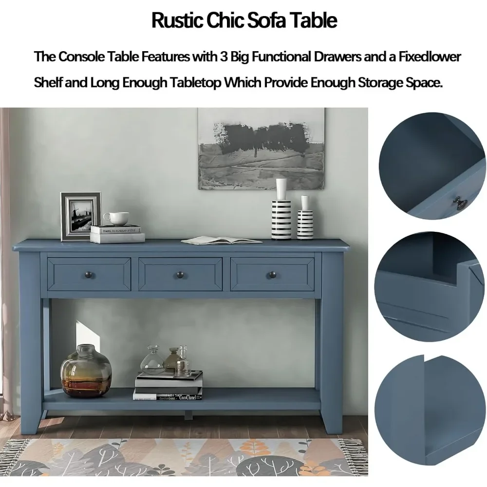 Console Table with Drawers and Long Shelf, Storage Cabinet Sofa Table with Round Handles