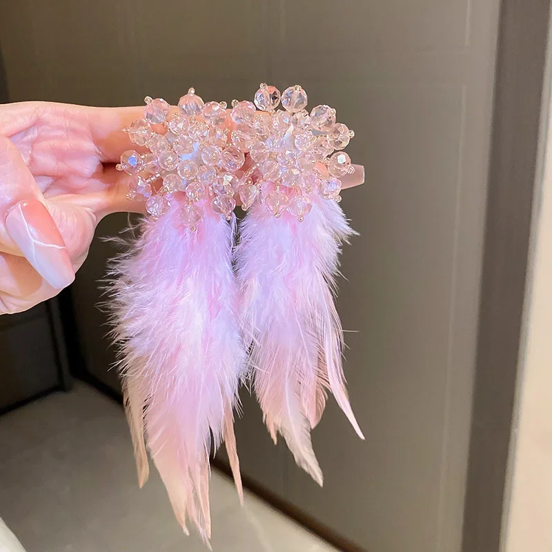 Korean Style Crystal Flower Drop Earrings for Women Long Tassel Pink Feather Dangle Earrings Fashion Jewelry Accessories
