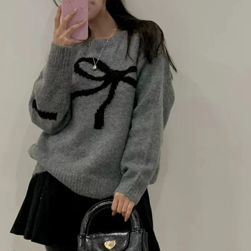 

Chic O Neck Loose Solid Color Butterfly Knot Jacquard Women's Knitted Sweater Autumn Casual Versatile Long Sleeve Pullover Tops