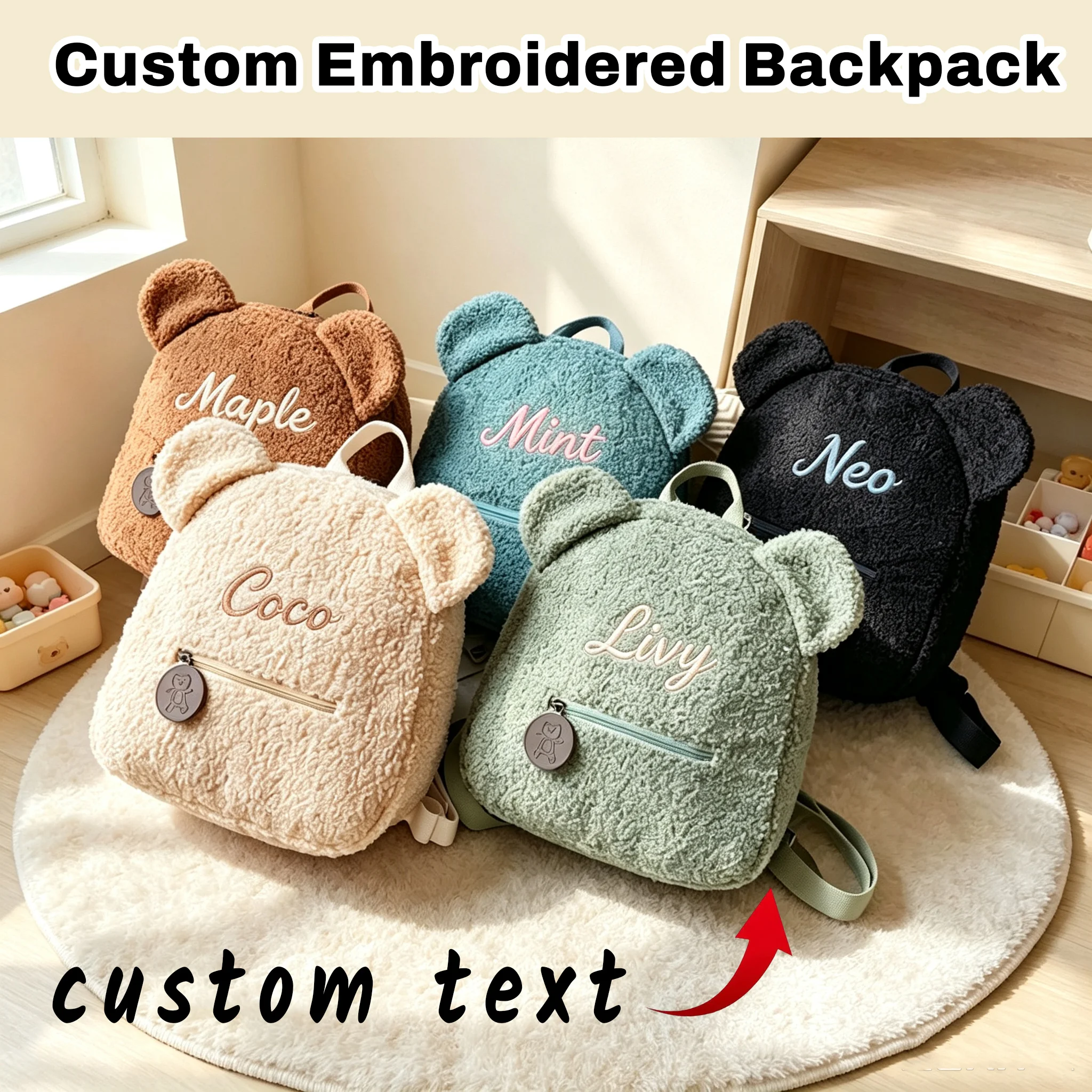 Custom Letter Embroidered Fuzzy Bear Backpack, large capacity, exquisite embroidery craftsmanship, multiple colors available