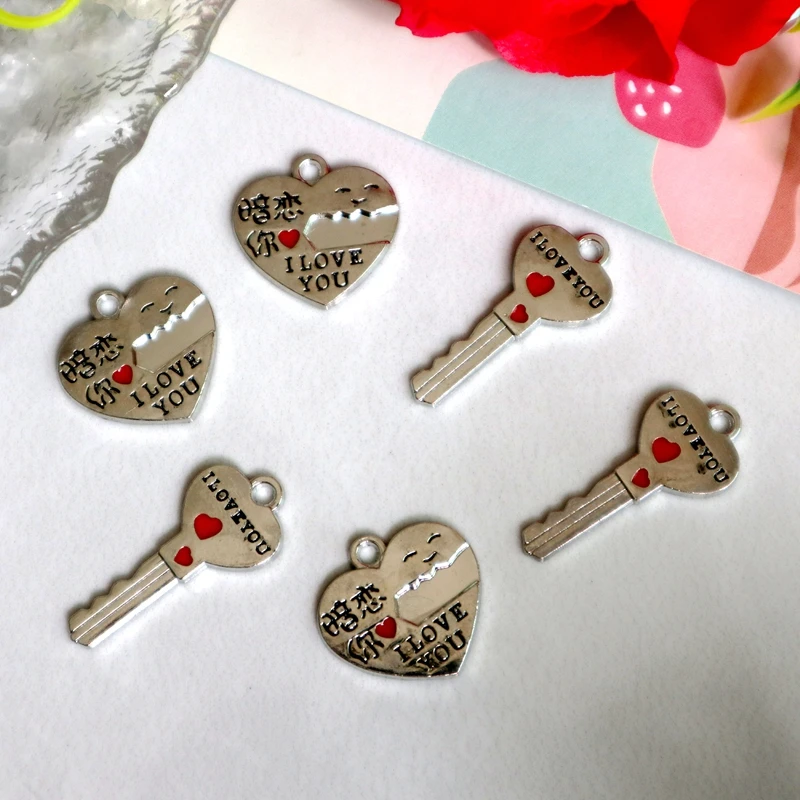 10Pcs Sweet Heart Lock & Key Charms - Glossy Alloy Pendants with Loops for Handmade Bracelet Necklace (Love Confession Style)