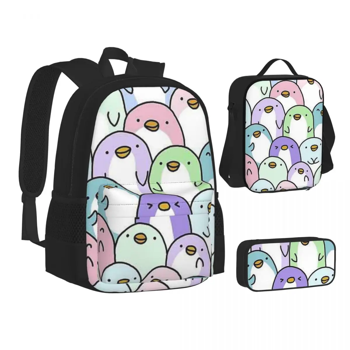 Penguin Snuggles Backpacks Boys Girls Bookbag School Bags Kids Rucksack Lunch Bag Pen Bag Three-Piece Set