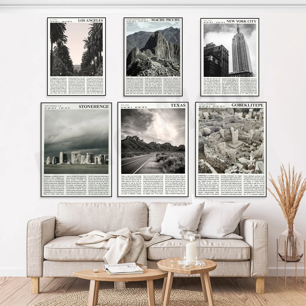 Machu Picchu, Texas Road, Göbekli Tepe, New York, Los Angeles, black and white topographic art print, photographic travel poster