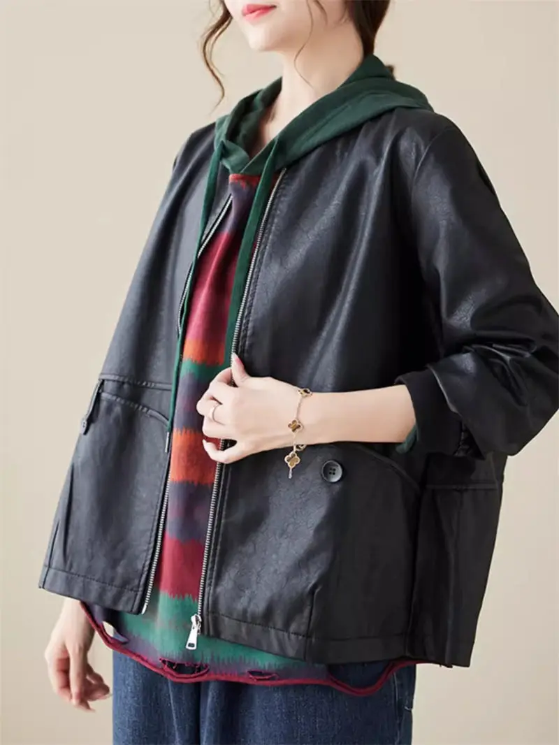 2024 Frühling und Herbst reiner schwarzer Pu-Ledermantel für Damen locker lässig vielseitige kurze Baseball-Neck-Top-Jacke z4818