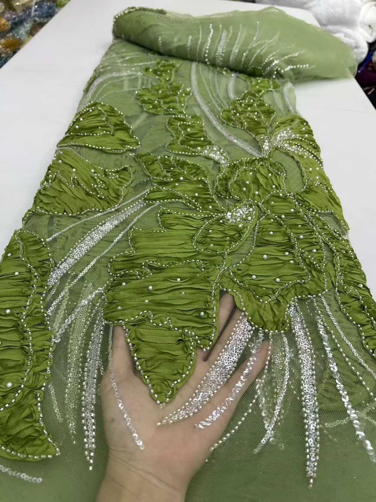 

5 Yards Luxury Green African Lace Tulle Fabric 2025 French 3D Embroidery Applique Sequins Beaded Lace For Party Sewing Material