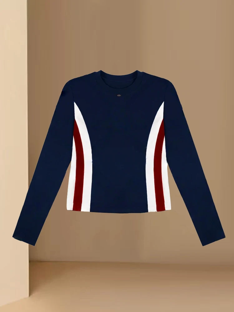 Camiseta Feminina Slim Fit de Manga Longa para Primavera e Outono, Nova, com Cintura Ajustada, Top Listrado Bonito, Moda Streetwear