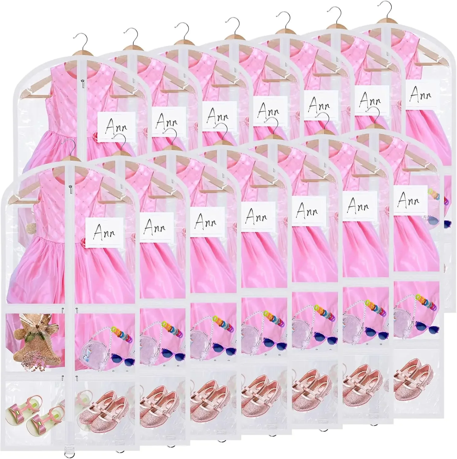 

Geelin 14 Pcs Garment Bags for Dance Costumes PVC Clear with Zippers 20 x 40 Inch Garment Bag with Pockets Dance Costume Organiz