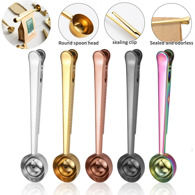 Multifunctional 2 In 1 Coffee Measuring Spoon And Bag Sealing Clip Stainless Steel For Tea Milk Powder Kitchen Accessory