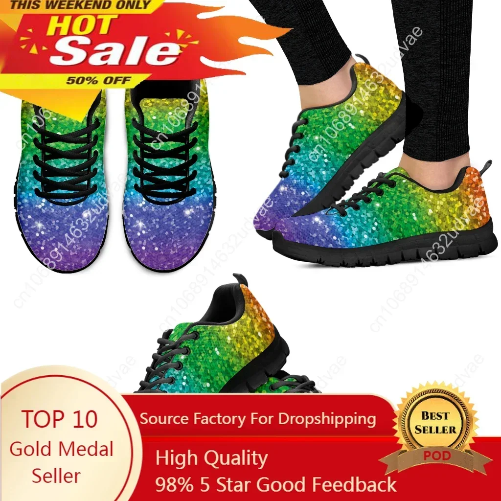 Cool Rainbow Glitter Texture Printed Girls Flat Shoes Breathable Slip-on Mesh Sneakers Outdoor Lace up Scarpe Donna