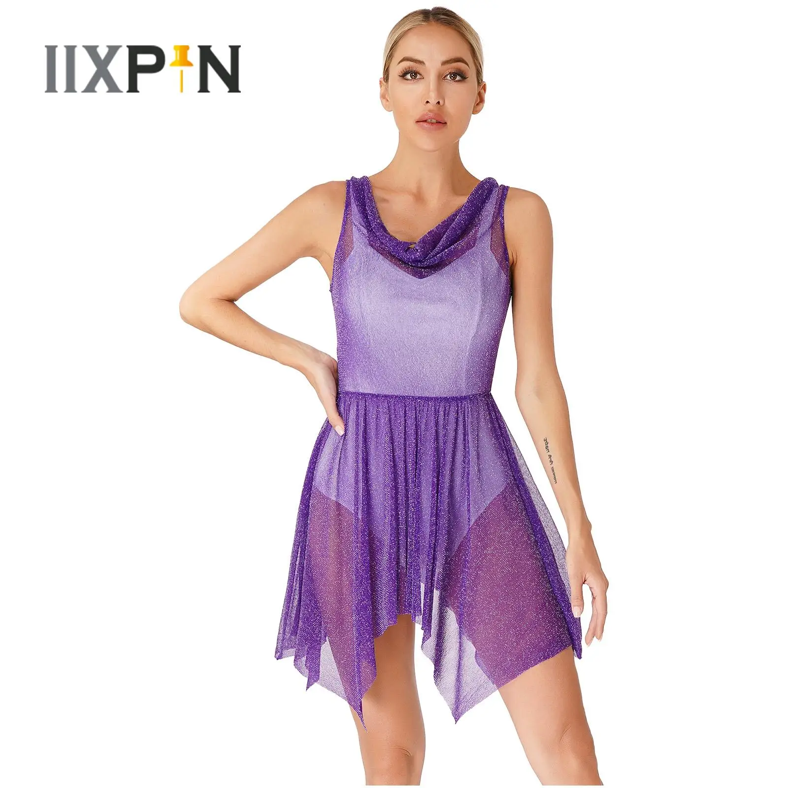 

Womens Glittery Dance Dress Tunic Shimmer Sleeveless See-Through Ballet Dance Dresses Choir Performance Lyrical Modern Dancewear