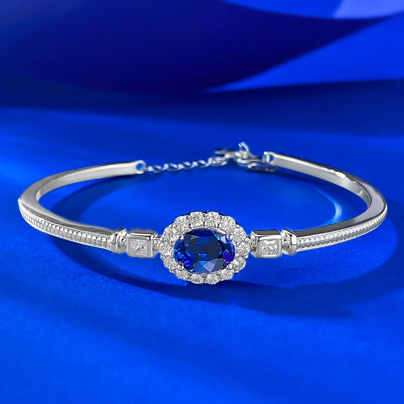 

Fashion 6x8mm Blue High-Carbon Diamonds Women's Bracelet - 925 Sterling Silver Bangle for Women - Valentine's Jewelry Gift