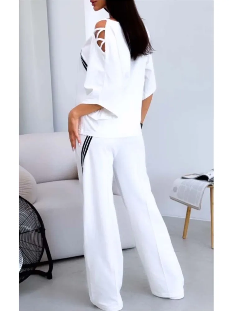 Set da due pezzi in cotone moda donna tuta sportiva bianca camicia ampia sexy con spalle scoperte + pantaloni casual abbigliamento sportivo tuta da donna 2 pezzi