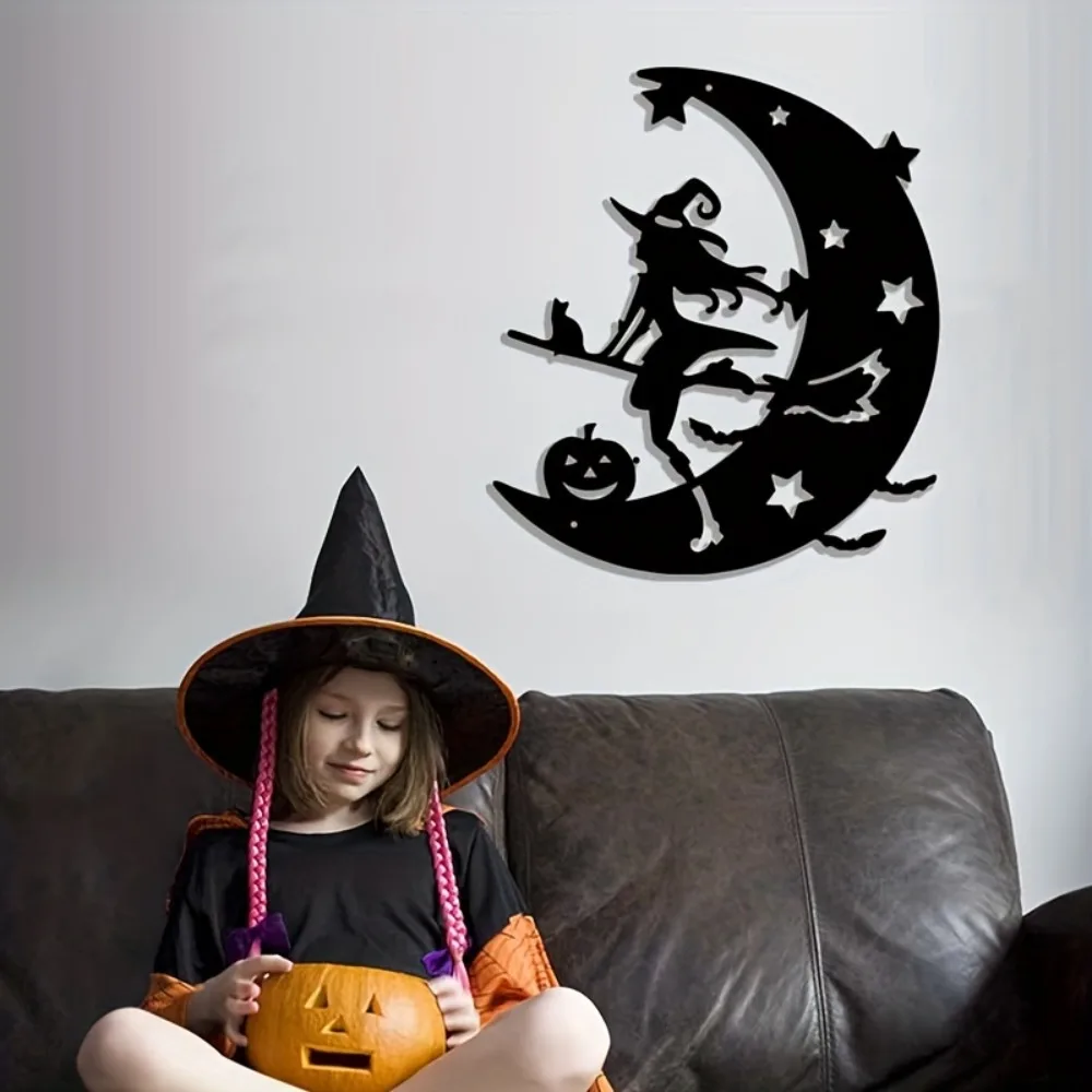 CIFBUY Iron Art Wall Decor Flying Witch Moon Silhouette Black Metal Outline Pendant Indoor Home Party Room Decoration