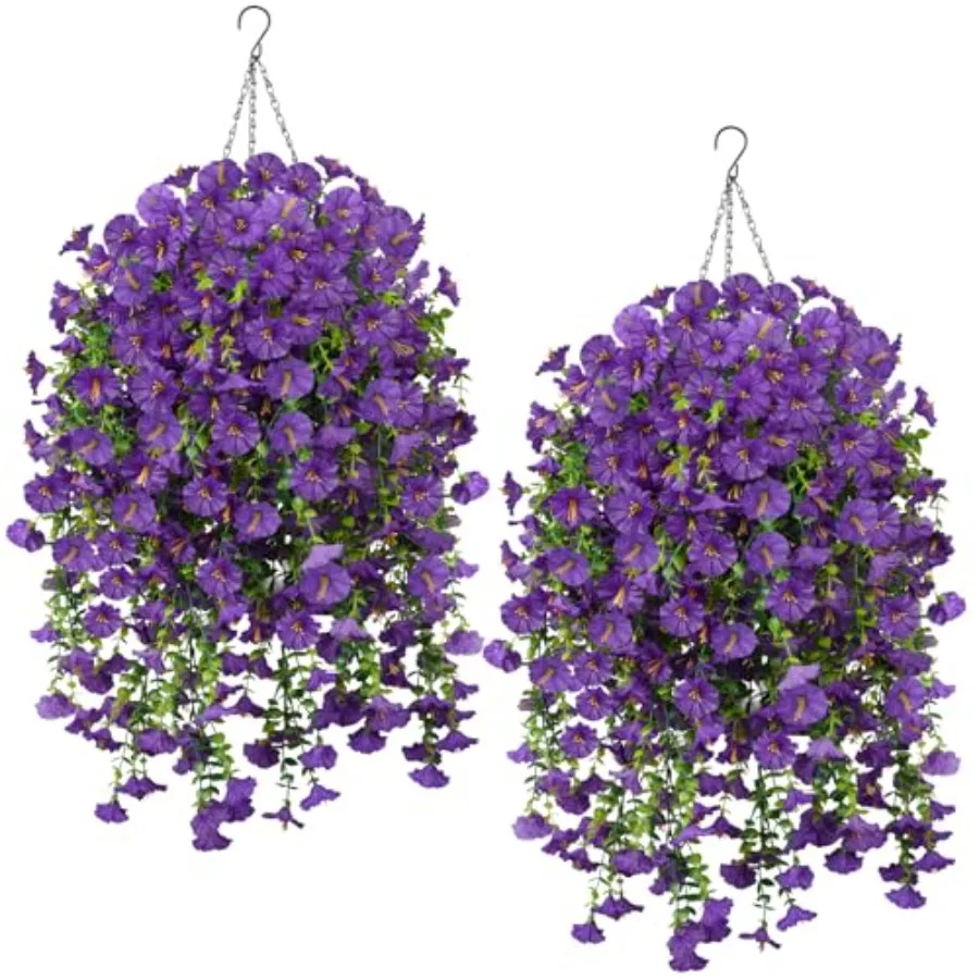 

12PCS Fake Hanging Flowers 2 Packs Artificial Hanging Baskets with Fake Petunias Outdoor Flowers Artificial for Porch Balcony G