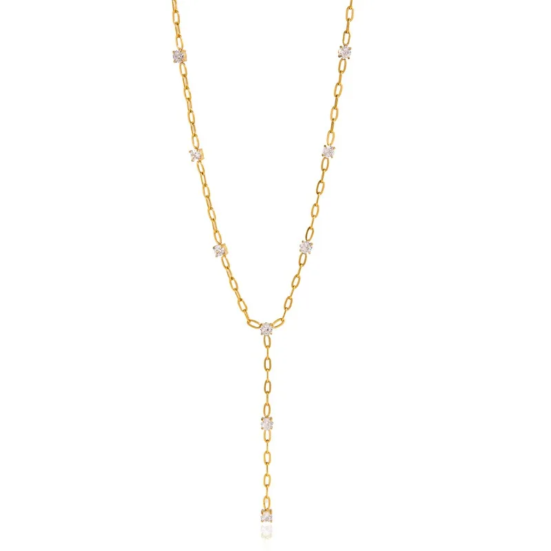 

Minar Simple White CZ Cubic Zirconia Pendant Necklaces for Women 18K Gold PVD Plated Titanium Steel Hollow Linked Chain Choker