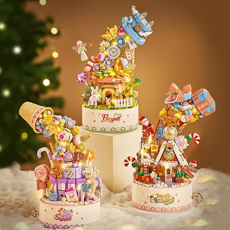 Loz Rotating Music Box Building Blocks Toys With LED Flower Candy Kits City House Model DIY Bricks Toys For Kids Christmas Gifts