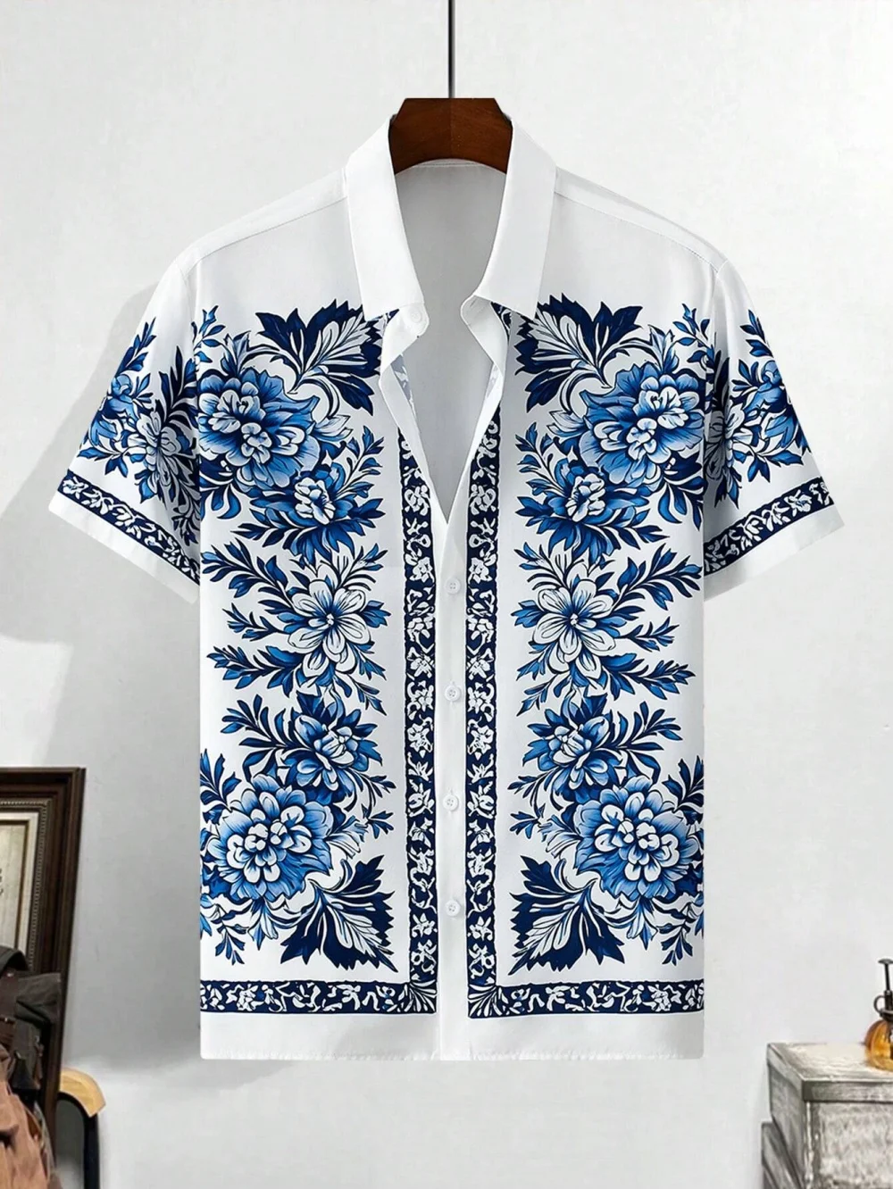 

Men's light luxury casual top, fashionable business short sleeved lapel button top, floral print designer designed top
