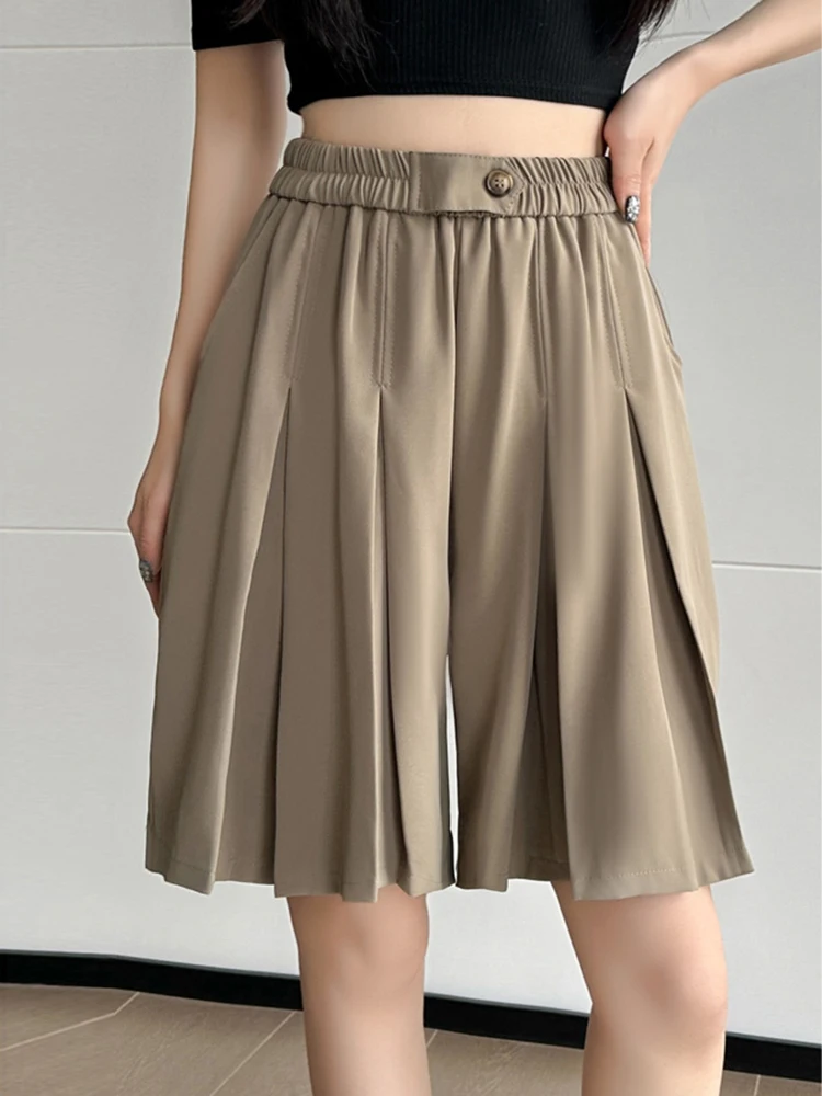

2025 Summer Pleated Skirt Shorts For Woman Loose Stretch Waist Wide Leg Short Pants Femme Folds Streetwear Bermudas Shorts Women