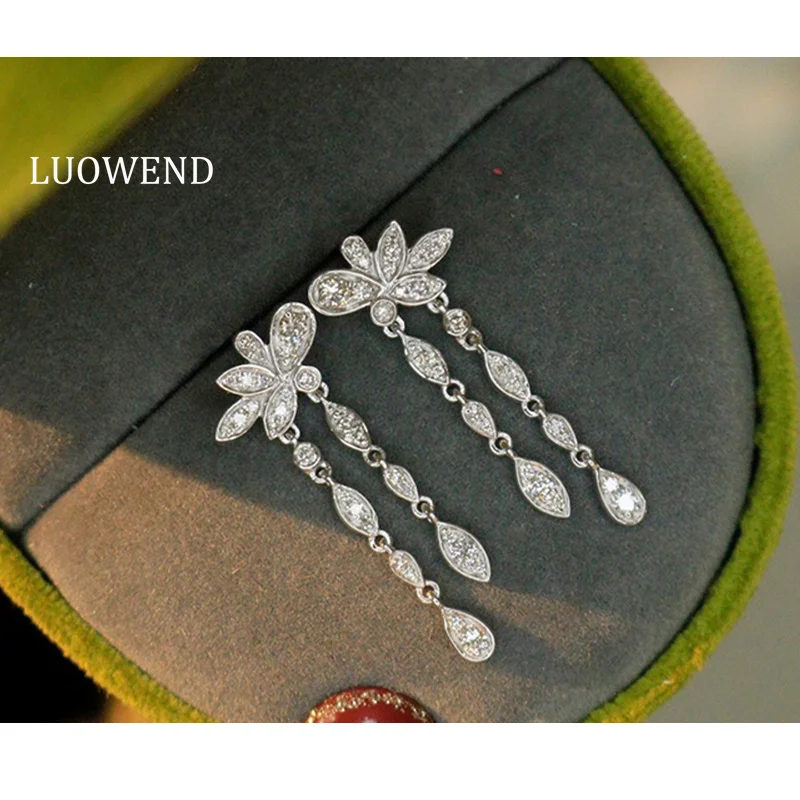 

LUOWEND 100% 18K White Gold Earrings Elegant Style 0.50carat Real Natural Diamond Drop Earrings for Women High Wedding Jewelry