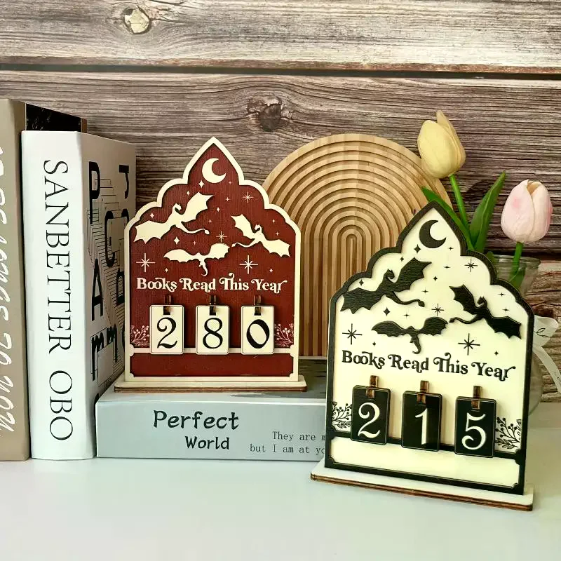 This year's counter reading challenge tracker bookshelf wooden book reading