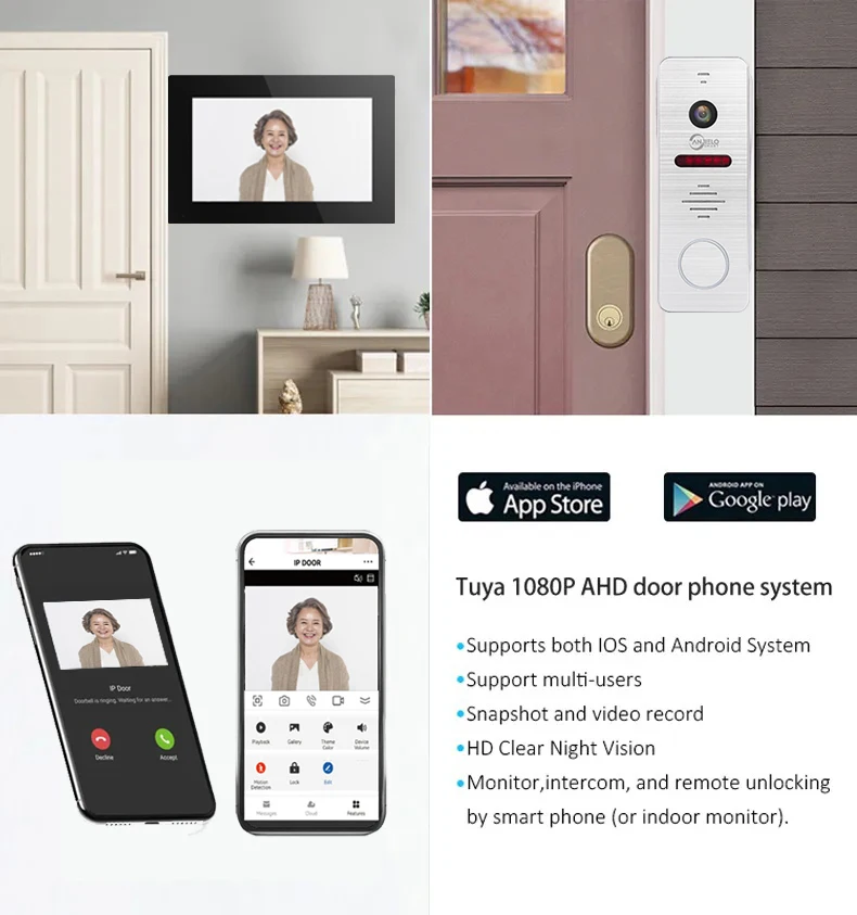 TUYA-videoportero inalámbrico para puerta, sistema de timbre de 7/10 pulgadas, 1080P, 148 °, Wifi, intercomunicador para el hogar