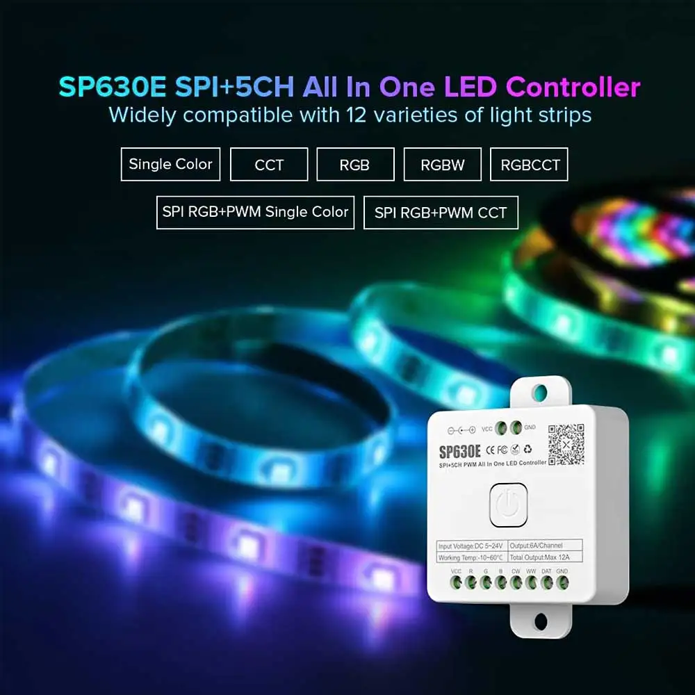 SP630E Bluetooth LED Controller Support PWM Monochrome CCT RGB RGBW RGBCCT Or SPI TTL IC Chip LED Strip WS2811 WS2812B WS2813