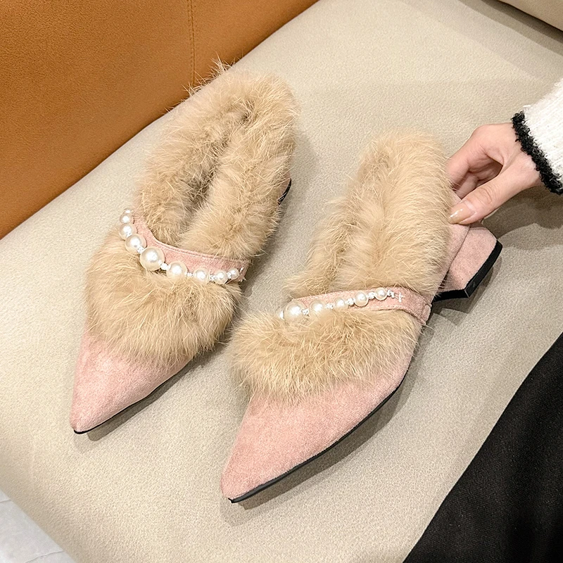 

Женские меховые туфли на толстом каблуке с острым носком, осень-зима 2022, новая корейская версия, универсальные бархатные туфли на открытом воздухе, одинарные туфли